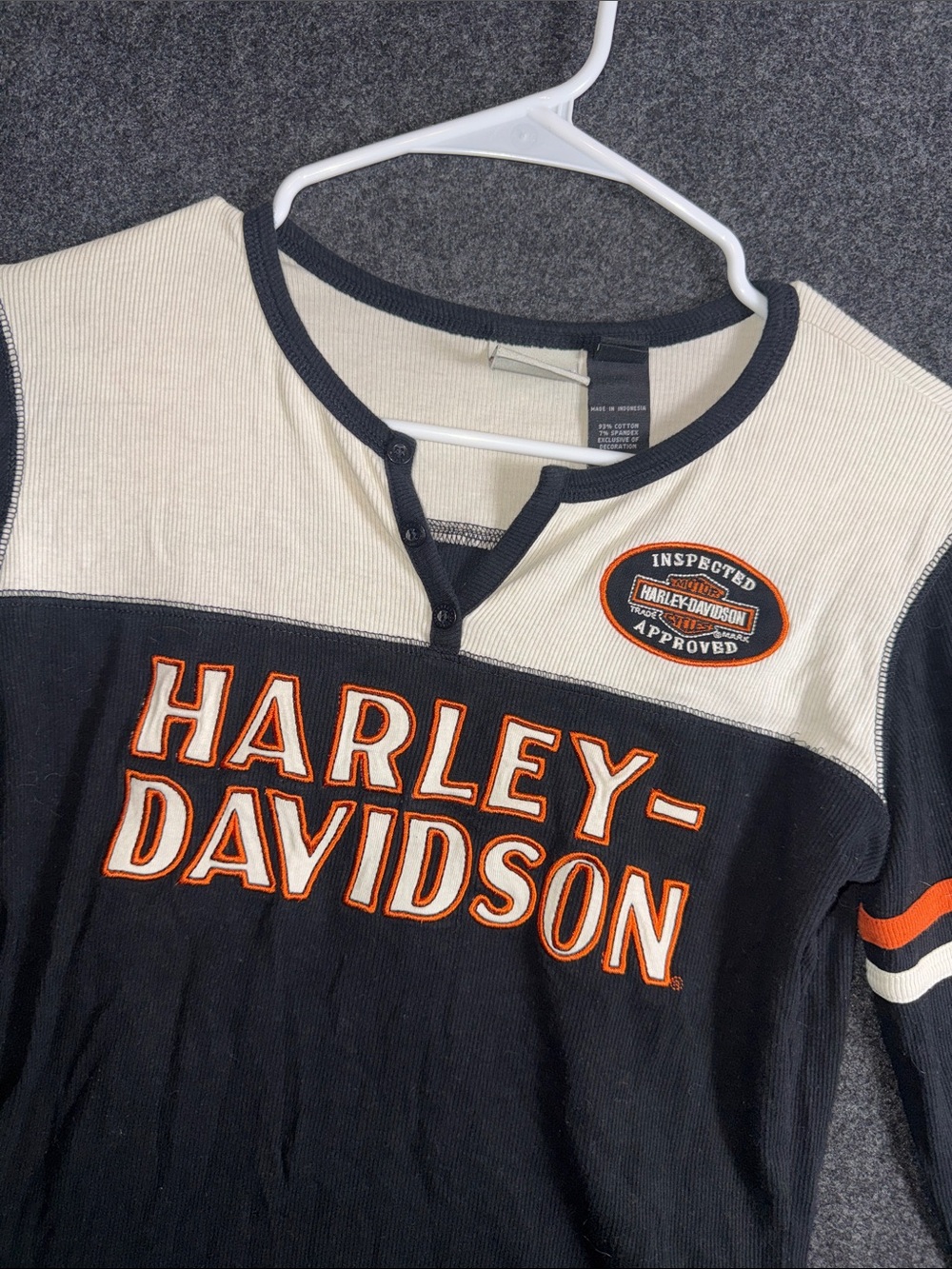 Harley-Davidson Black Cream Long Sleeve Henley with Orange Trim Logo Patch